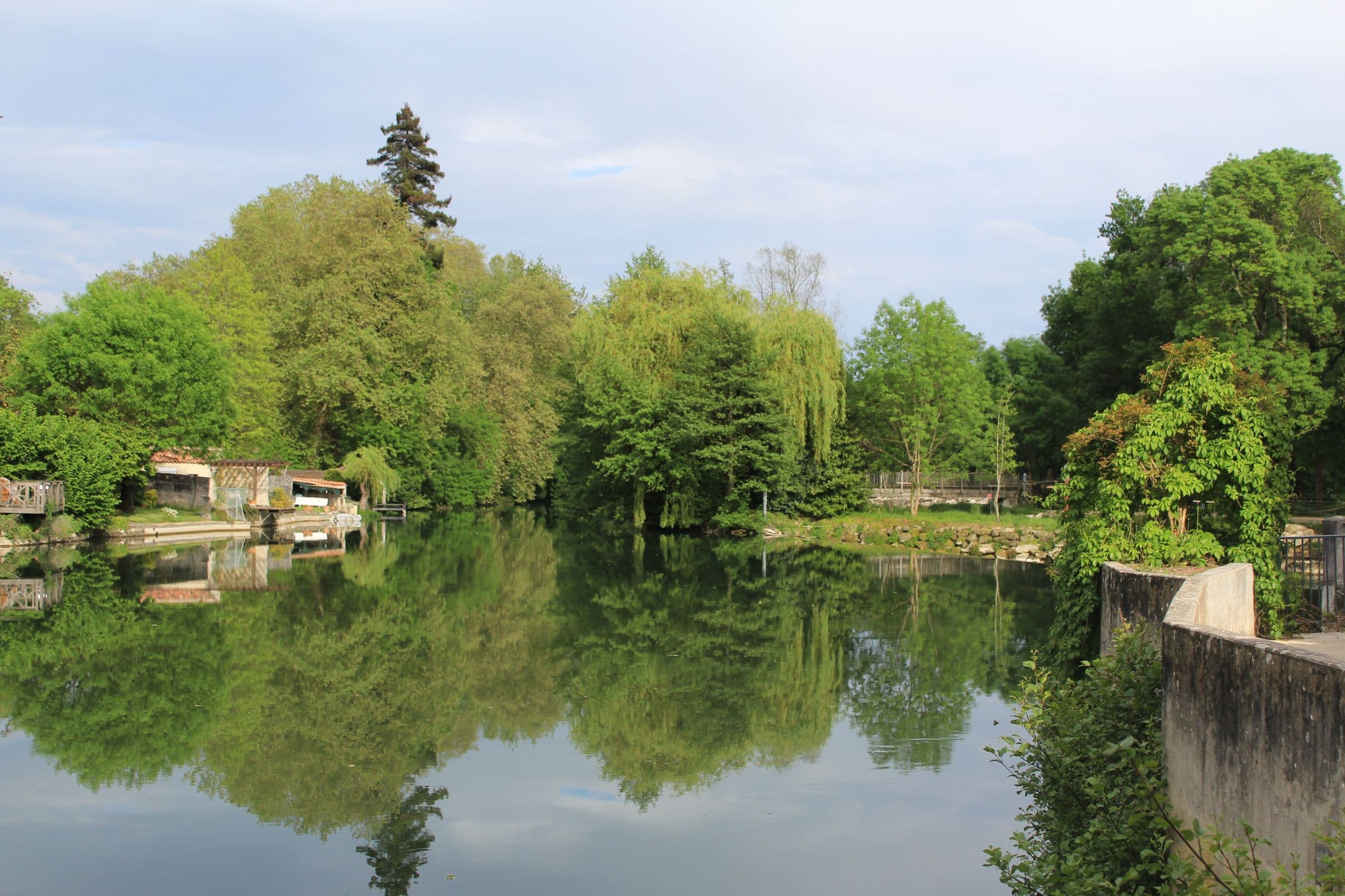 Calm riverbend lined with green trees reflecting in the water under a blue sky