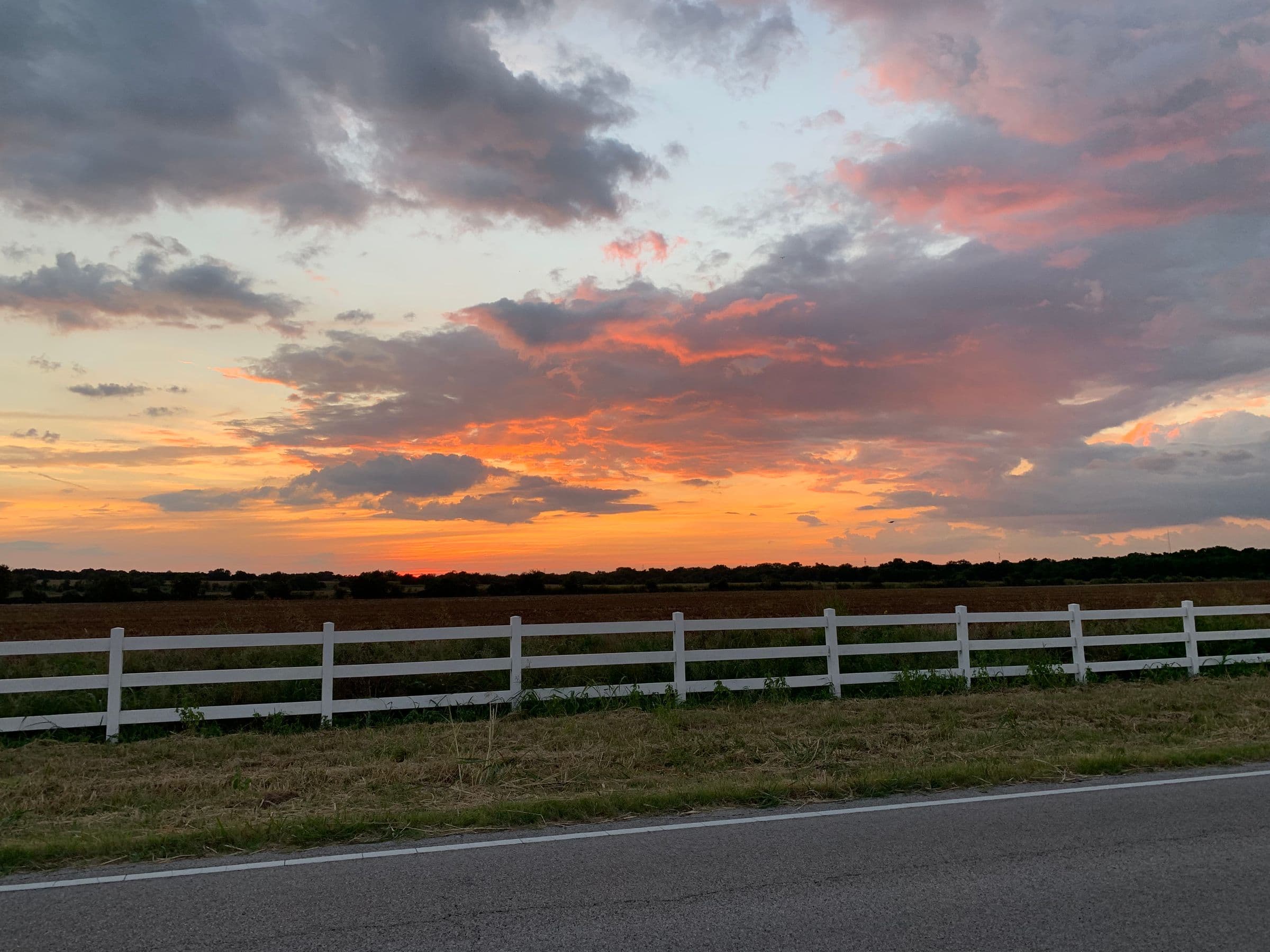 Texas pastureland and white fence along a country road at sunset